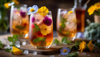 A glass of iced tea with edible flowers and crushed ice and a flower on top.