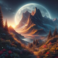 An enchanting night scene unfolds with a gigantic moon rising behind jagged mountain peaks, casting a mystical glow over the blooming flora below. A wooden path invites exploration into this dreamlike