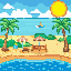 Summer Island calm scenario house by the beach pixel art