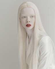 Minimalist albino woman portrait. Minimalist portrait of a forward-facing albino woman in a white blazer with a poised look