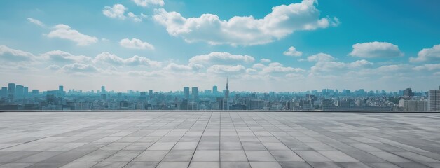 a spacious square floor amid modern urban surroundings, offering a versatile space for dynamic product presentations against the backdrop of architectural sophistication and city views.