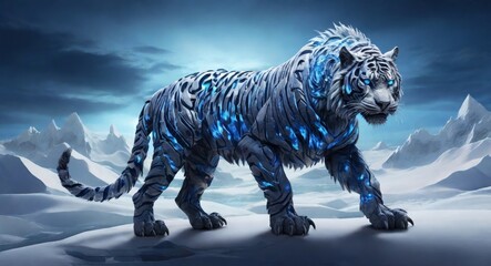 Spectral tiger on snow landscape - obrazy, fototapety, plakaty
