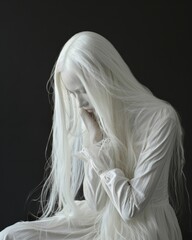 Contemplative figure with flowing white hair. An artistic depiction of a contemplative figure dressed in white, with flowing hair obscuring her face