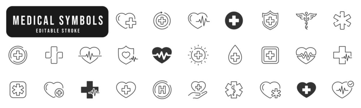 Set of medical symbols line icons. Health, hospital, symbol, ambulance, heart etc. Editable stroke