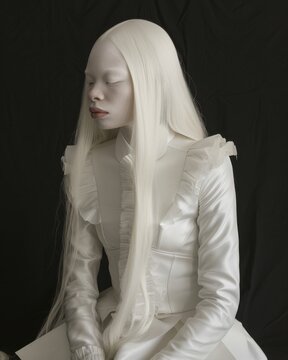 Thoughtful albino woman in a pensive pose dressed in white against a black backdrop. Albino woman in pensive pose against black