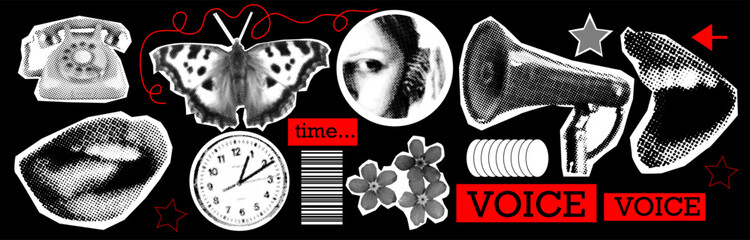 Vintage collage. Halftone hands, mouth, clock. Screaming into a megaphone. Ear with shell. Concept of deadlines and time management. Modern vector illustration.