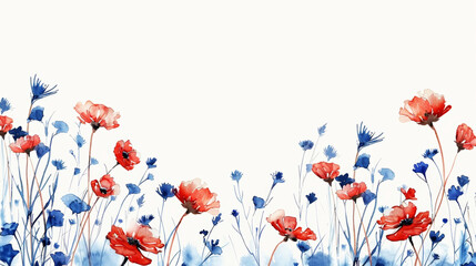 Hand Painted watercolor Boho poppies, blue wildflowers on white background.Aesthetic minimalist template. Generative AI