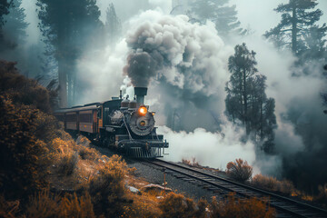 An antique steam-powered railroad train rushes down the tracks in smoke aerial - obrazy, fototapety, plakaty