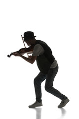 Male silhouette, musician playing violin isolated on white background. Black and white image. Classic music. Concept of music, festival, concert, entertainment, instruments. Poster, ad