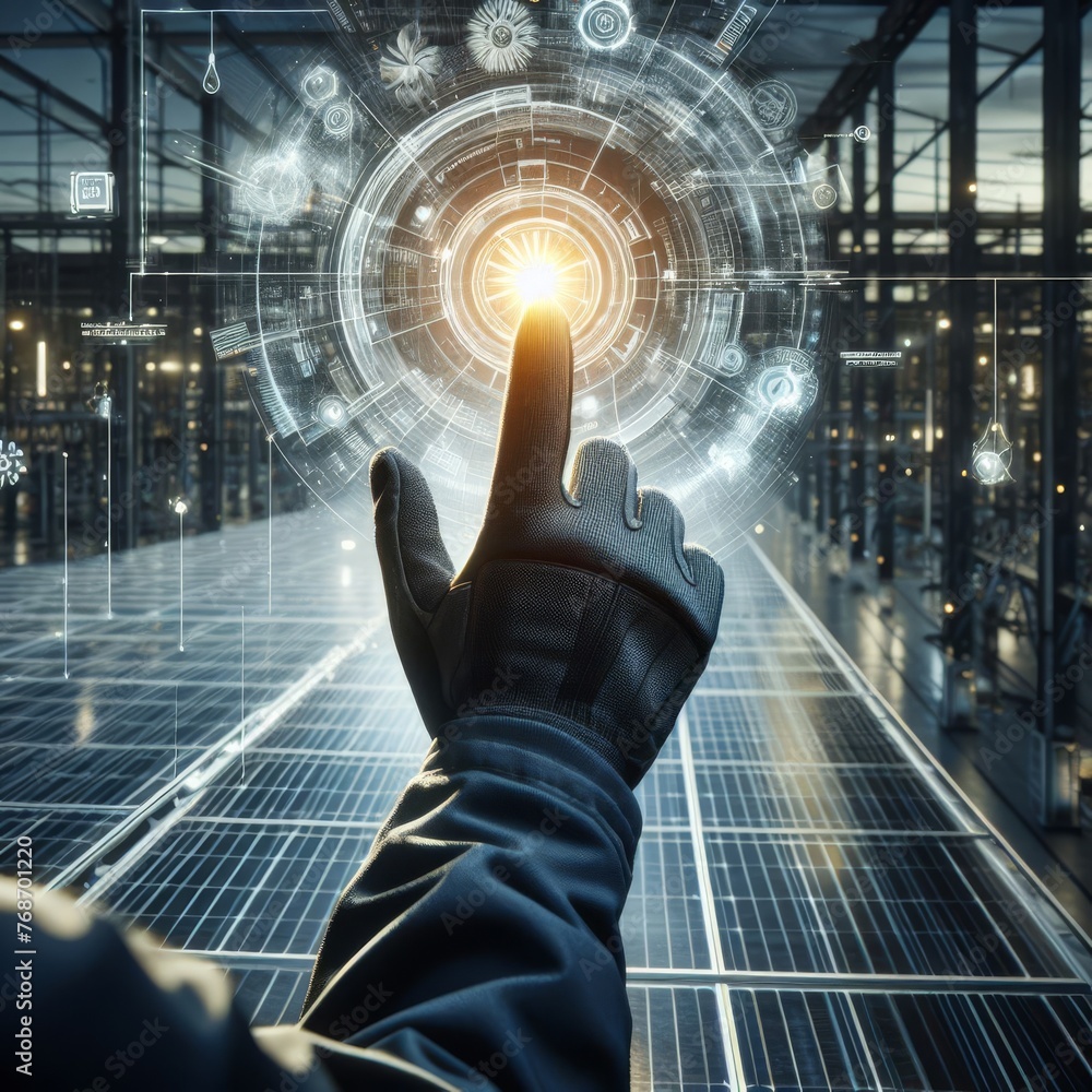 Poster a hand reaches towards a holographic interface, signifying advanced technology. the image encapsulat