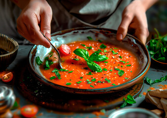 preparing traditional spanish gazpacho soup - obrazy, fototapety, plakaty