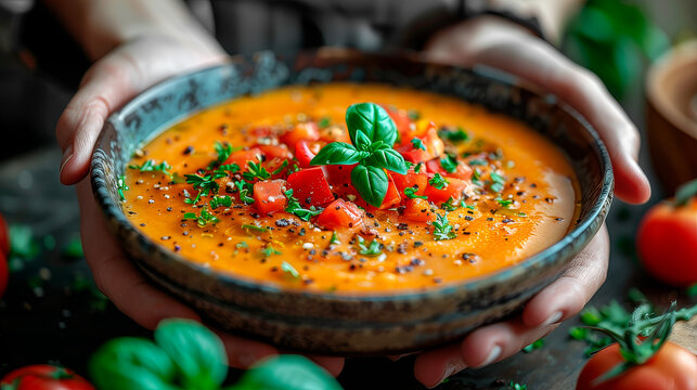 a plate of traditional Spanish gazpacho soup in hands