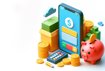 Mobile banking app and e-payment. Smartphone pay by credit card via electronic phone wallet. Online banking, 3d style, white background - 768701446