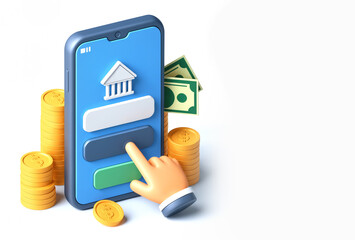 Mobile banking app and e-payment. Smartphone pay by credit card via electronic phone wallet. Online banking, 3d style, white background - 768701448