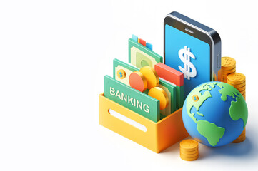 Mobile banking app and e-payment. Smartphone pay by credit card via electronic phone wallet. Online banking, 3d style, white background - 768701483