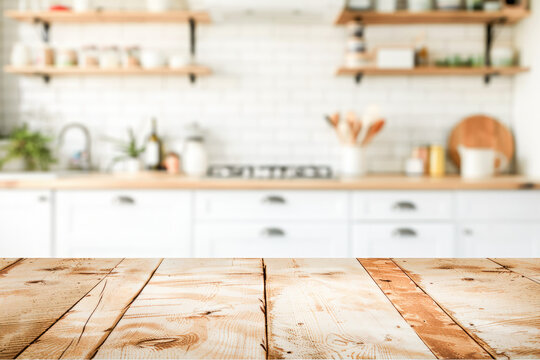 Empty wooden table with blurred kitchen interior background. Table top product display showcase stage. Image ready for montage your text or product. 