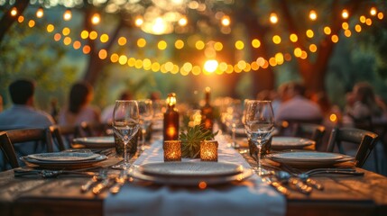 Fototapeta na wymiar a wedding table setting adorned with plates and cutlery against the backdrop of an outdoor garden scene, with soft-focus guests enjoying the evening under lanterns and string lights.