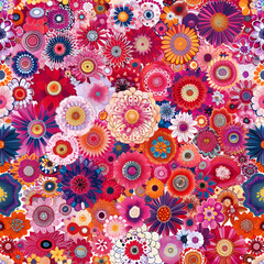 Colorful flowers create a vibrant pattern on a white canvas