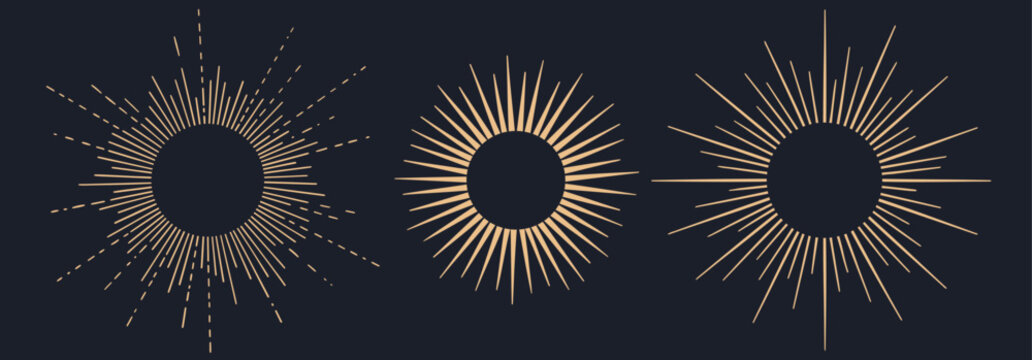 Sunburst, sun light ray. Vintage graphic set