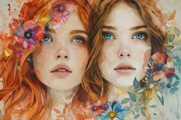 Obraz premium Two women with red hair and flowers in their hair, one has blue eyes and the other has green eyes under the sunlight