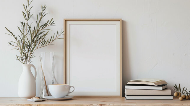 Breakfast still life Cup of coffee books and empty picture frame mockup on wooden desk