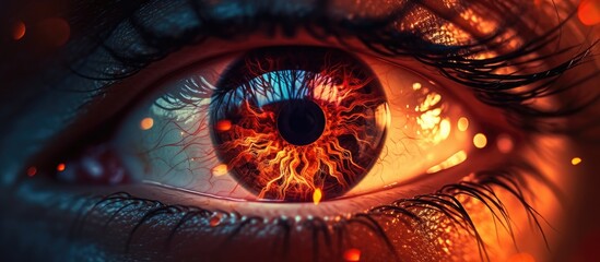 This close-up view captures the fiery reflection in a persons eye, showcasing intricate details of the iris, pupil, and lashes in high definition.