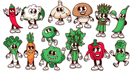 Groovy cartoon vegetable characters set. Funny retro healthy different vegetable mascots collection, cartoon stickers of happy green celery leek carrot broccoli chili 70s 80s style vector illustration
