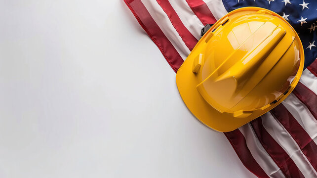  Yellow protective Construction helmet with American flag on empty background Space for text, top view . Labor Day