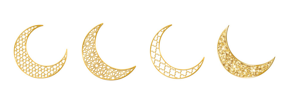 Golden crescent symbols isolated. Descending moon shape. Traditional islamic decoration for Ramadan or Al-Adha. Arabiс geometric pattern, shiny glowing glitter. Vector