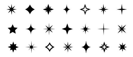 Star icon collection. Different star shapes. Black stars icon set.  Sparkle star icon set. Vector illustration