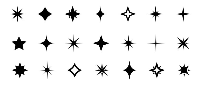 Star icon collection. Different star shapes. Black stars icon set.  Sparkle star icon set. Vector illustration