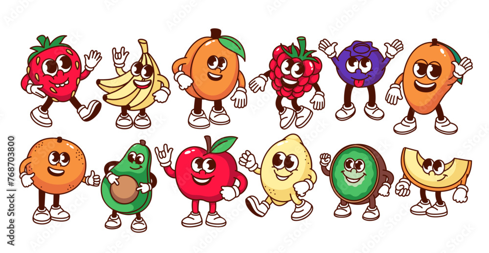 Poster groovy cartoon fruit and berry characters set. funny retro fruit mascots of vitamin juice and lemona