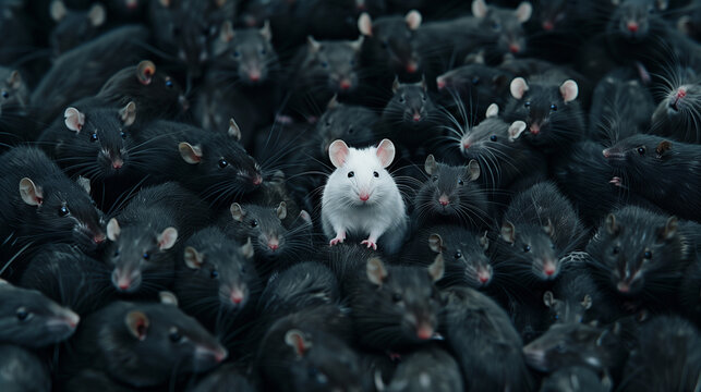 a white mouse standing out prominently amidst a sea of black rats
