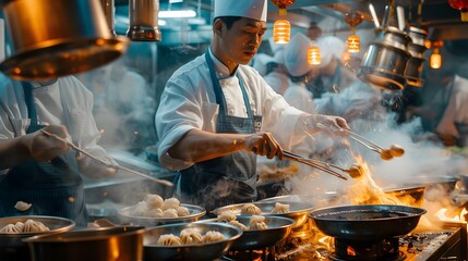 Lively Shanghai Evening: Chefs Stir-Frying Xiaolongbao and Sichuan Pepper Dishes in the City's...