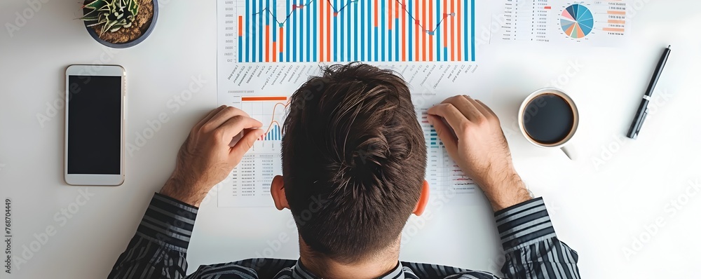 Aufkleber financial expert analyzing dynamic market data charts and graphs on workstation with computer and sm