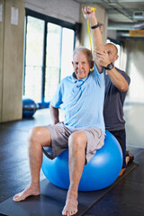 Physiotherapist, helping and senior man with elastic, training and elderly support for care. Men,...