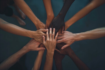 Hands of various races and ethnicities come together, united in a powerful display against discrimination. Each hand represents a unique individual. Generative AI. - obrazy, fototapety, plakaty