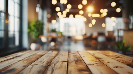 An empty office space with a blurred background. The office is filled with abstract light bokeh, which can be used as a design element.