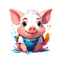 Little Pig in Overalls with Colorful Background