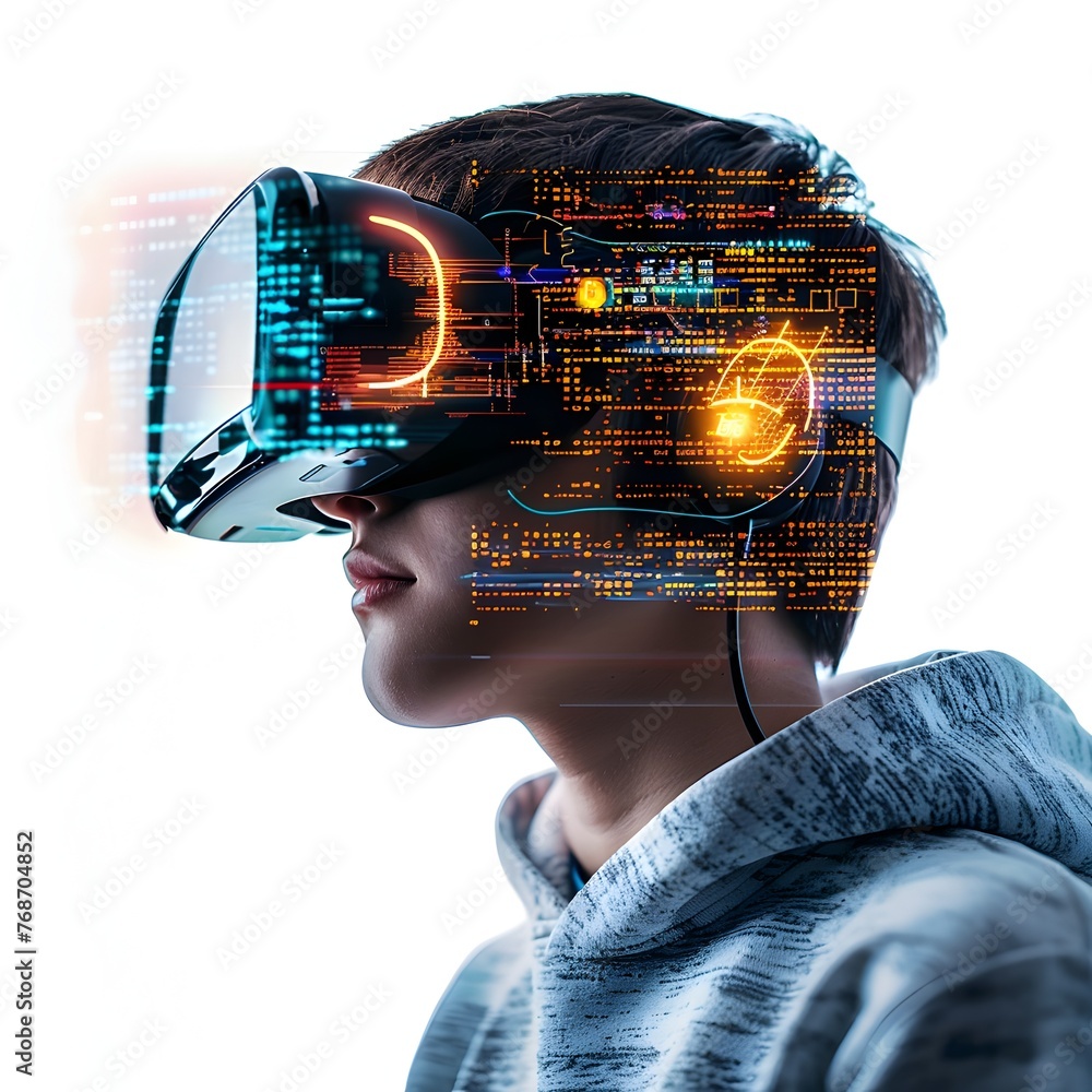 Poster teenager exploring coding in futuristic virtual reality environment for technology education and lea