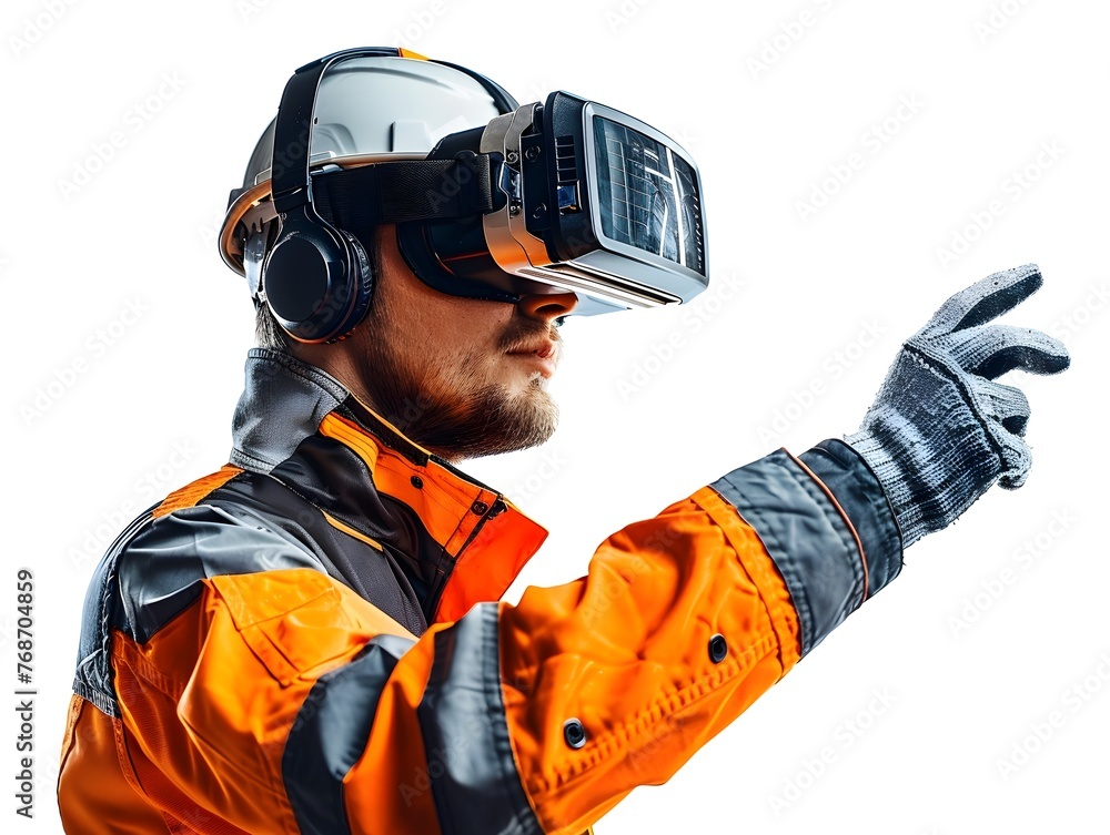 Poster engineer using virtual reality to simulate machinery innovation at work in isolated studio