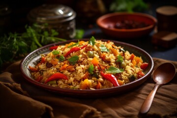 Hearty fried rice on a rustic plate against a natural linen fabric background