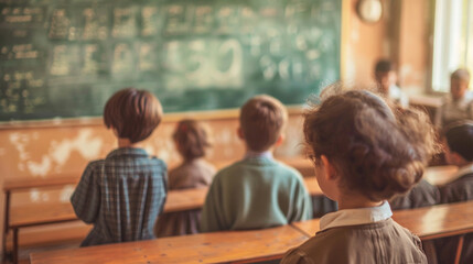 A group of children sit in a classroom with a chalkboard behind them. Scene is one of learning and education - Powered by Adobe