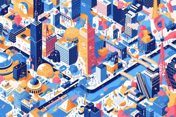 A colorful vector illustration of a cityscape pattern with isometric skyscrapers set against a vibrant background.