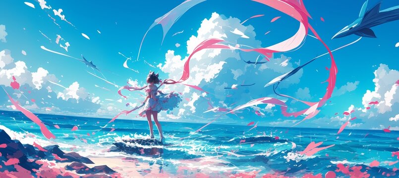 A fantasy painting of pink and white clouds in the shape of ribbons floating over an ocean
