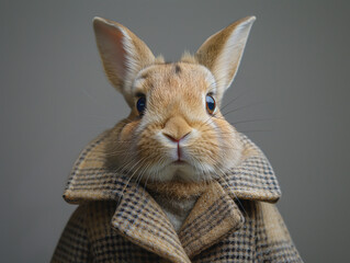 An elegant rabbit wearing a wool coat to protect itself in winter.