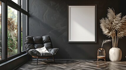 Dark-toned picture frame mockup with a black leather couch and minimal adornment.