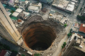 A colossal sinkhole in the middle of a city, swallowing entire buildings and causing destruction. Generative AI