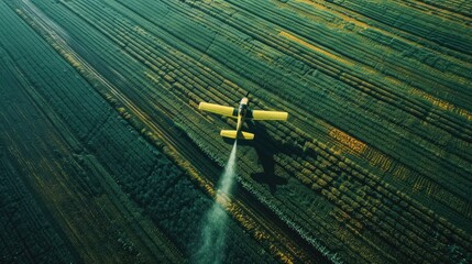 airplane spraying over vast agricultural fields, offering a symmetrical and expansive view of largescale plantation operations.