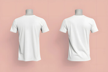 White T-shirt mockup on mannequin front and back view isolated on light pink background